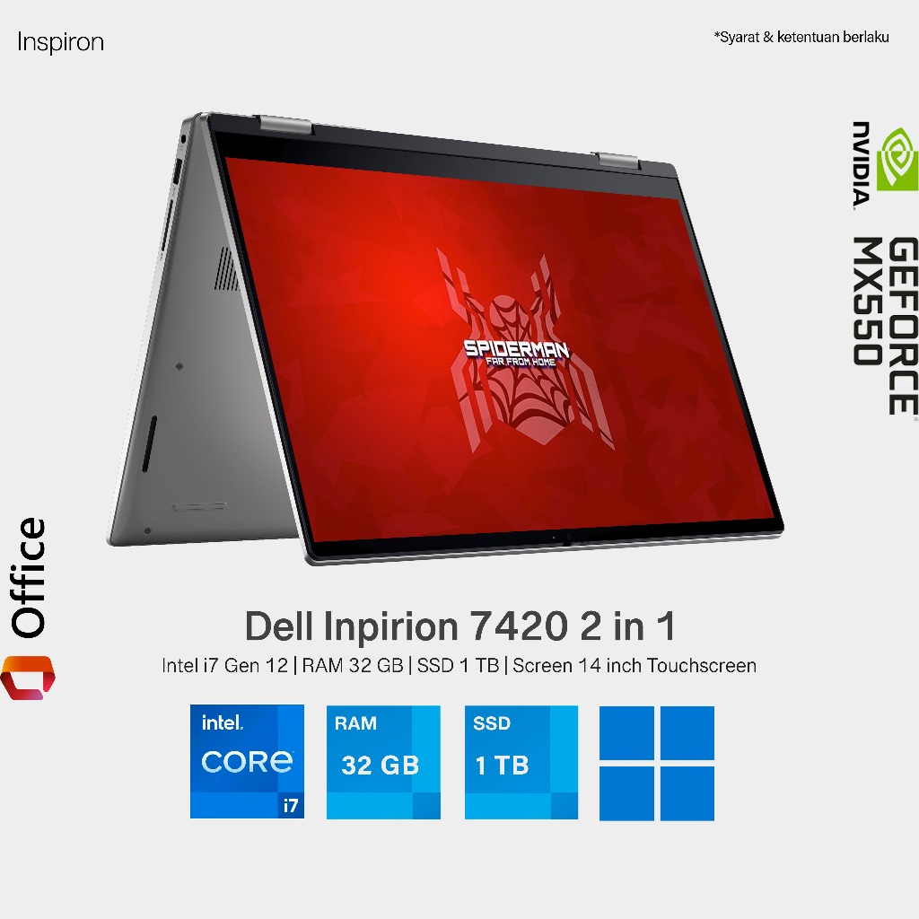 LAPTOP GAMING DELL Inspirion 7420 core i7 Gen 12 RAM 32 GB SSD 1 TB VGA 2 GB Layar 14 inch Touchscre