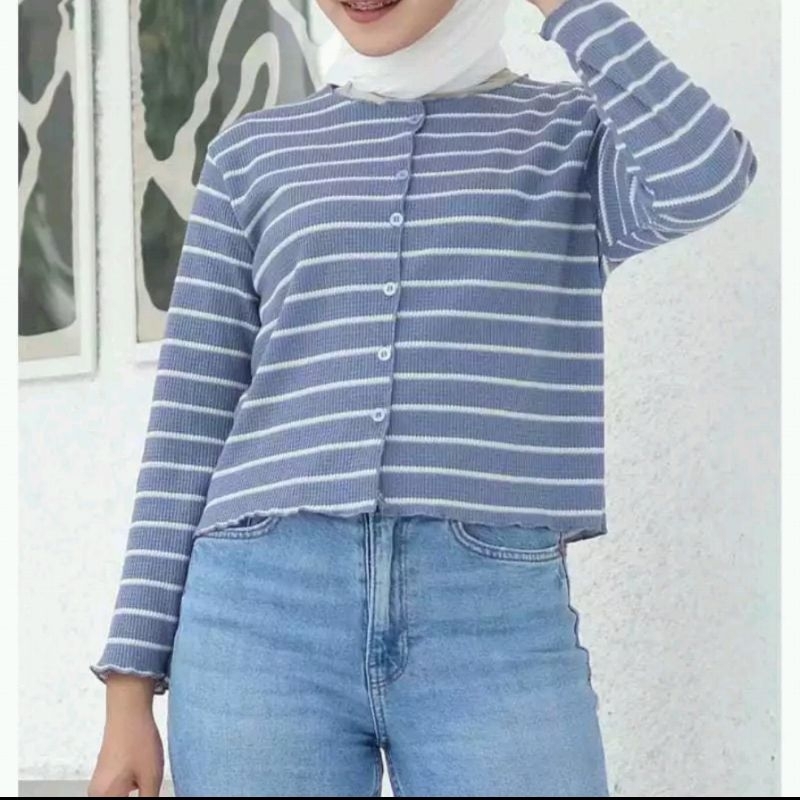 Cardigan Salur Crop Korean Style Knit Rip Terbaru / Cardigan Stripe Rajut