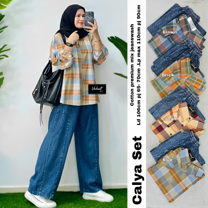Setelan Kemeja dan Celana Cargo Calya Set by Valent Oneset Lengan Panjang Motif Kotak Kotak Setcel K