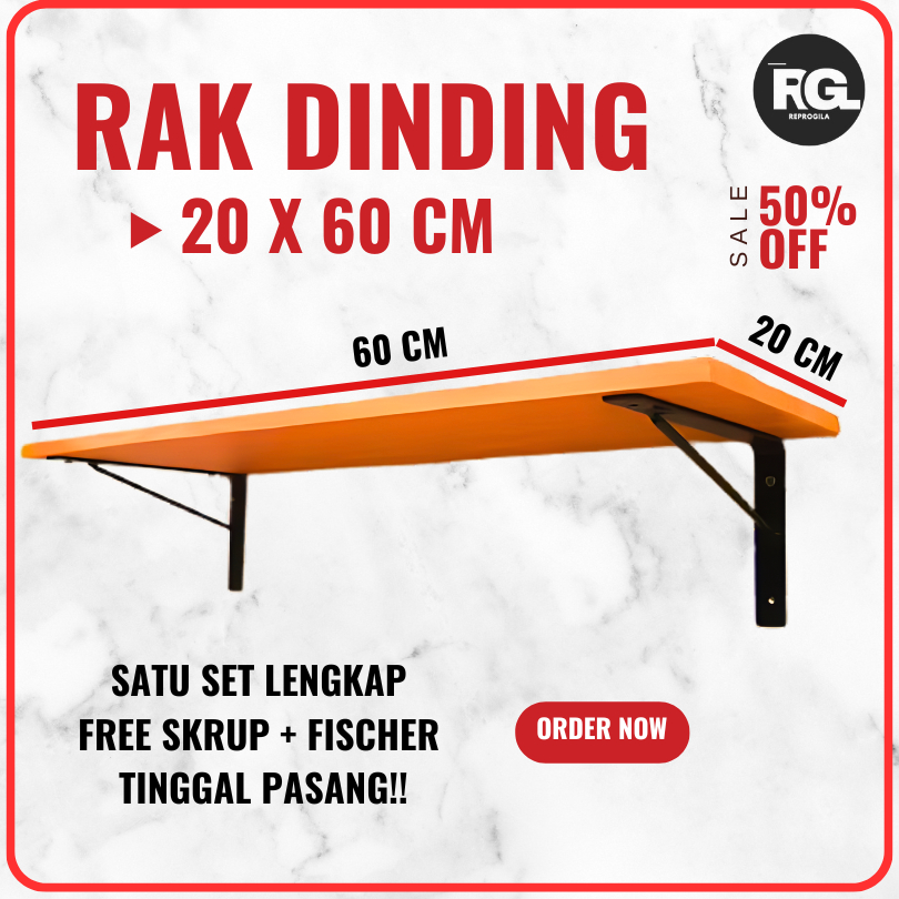 RAK DINDING 20 X 60 CM lengkap dengan siku besi