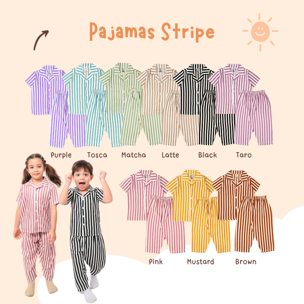 Yobebee Pajamas Stripe One Set Setelan Baju Tidur Rayon Piyama Salur Anak 2-10 Tahun