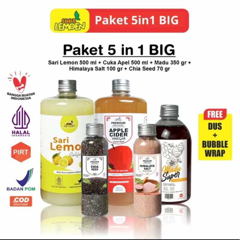 

SUUR LEMON PAKET 5 in 1 Sari lemon, cuka apel, madu hutan, chia seed dan garamHimalaya