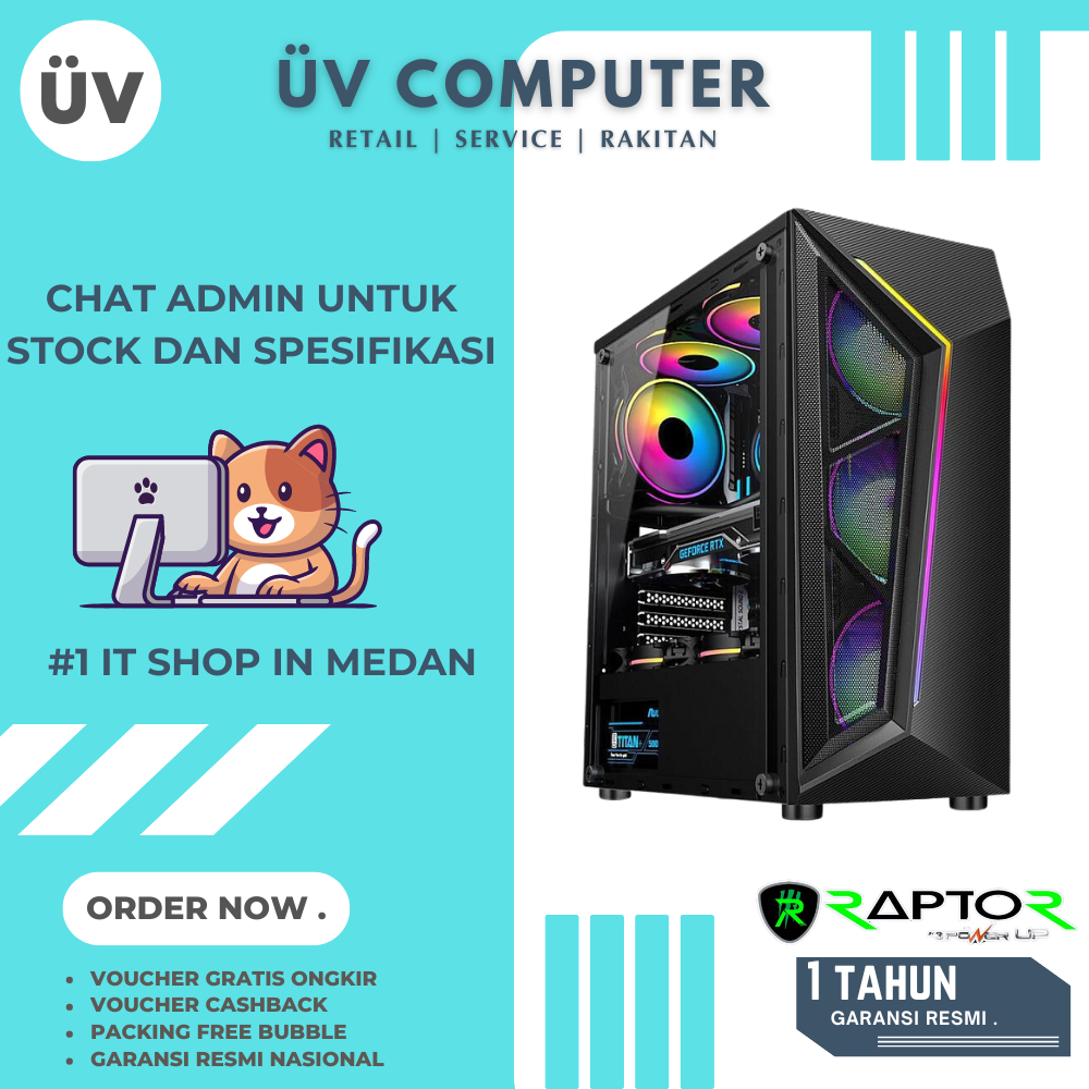 Casing PC Komputer 3PowerUP PowerUP Raptor 1656 | Mid Tower | ATX case | 3 Fan Black Hiam