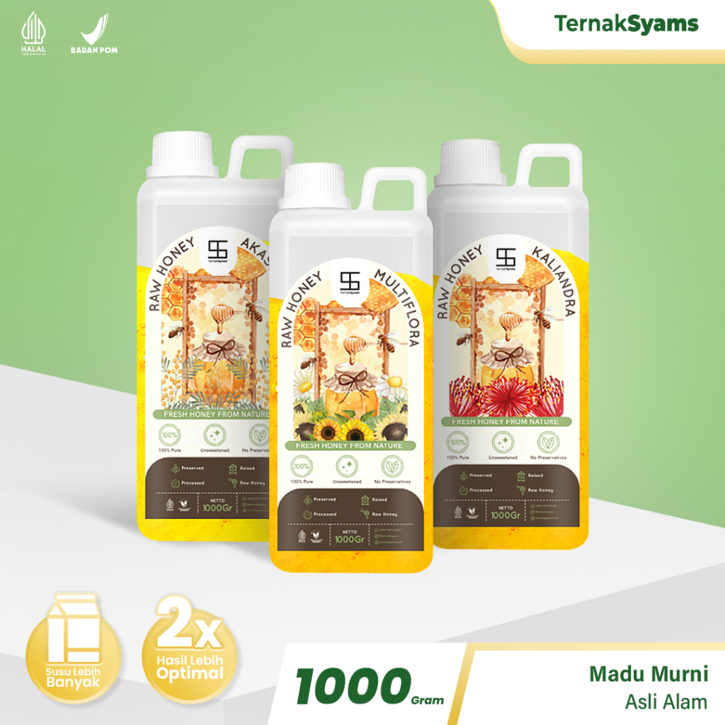

Madu Murni Raw Syams Honey 1 Kg Organik Pure Natural Original Asli Halal BPOM tanpa campuran gula Mentah kiloan termurah terjangkau Akasia Kaliandra Multiflora Klenceng Kopi Randu Odeng Uray Madu Putih Kayu Putih Hutan Sumatera madu java