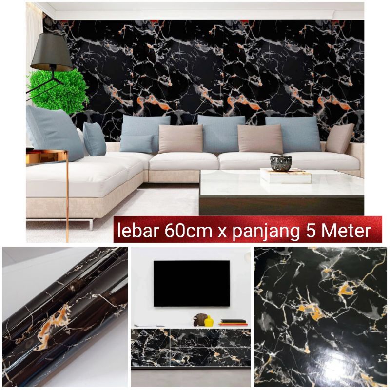 60cm x 5meter wallpaper sticker Glossy MARMER HITAM garis oren mewah natural granit pelapis perabot 
