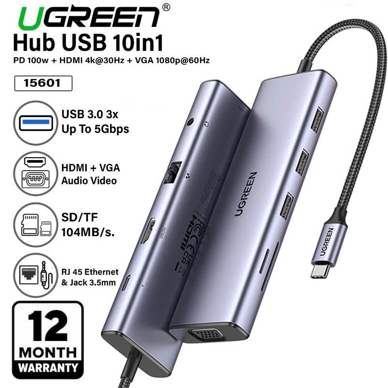 Ugreen 15601 10 in 1 Type-C Male to C HDMI VGA RJ45 LAN SD Micro SD Jack 3.5mm Audio Aux 3x USB 3.0 