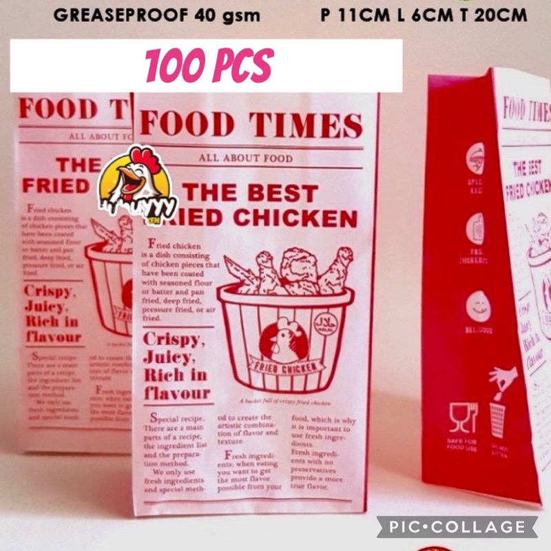 MURAH,,,100 pcs FOOD TIMES Kantong kemasan,kemasan ayam fried chicken,paper bag fried chicken