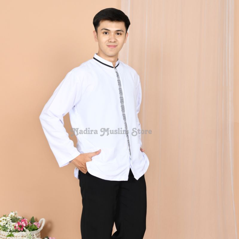 KOKO PUTIH SMP, Baju Koko Putih Lengan Panjang Bordir Katun untuk Pria SMP, SMA, BORDIR KATUN LENGAN