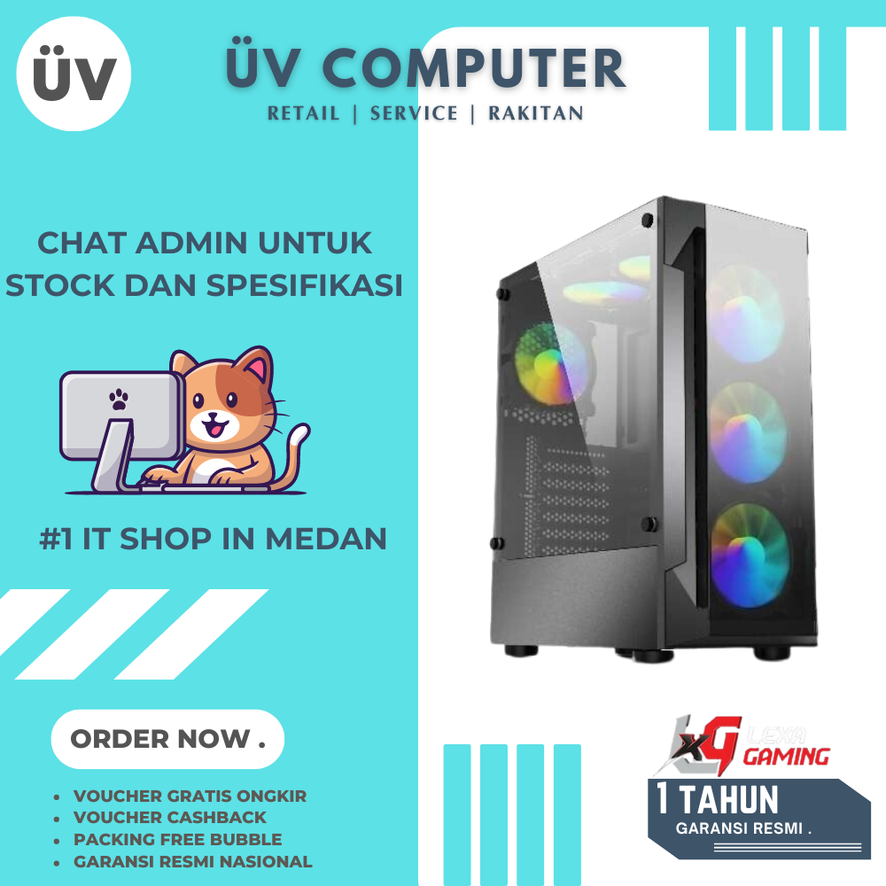 Casing PC Komputer Hose Lexa Gaming Glori Shine | Mid Tower | ATX Case | 3 Fan RGB Black Hitam