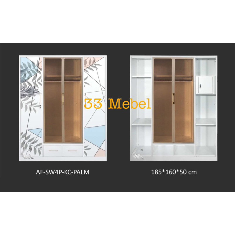 Lemari Pakaian Besi Impor Stainless Sliding 4 Pintu Kaca Transparan dengan LAMPU LED