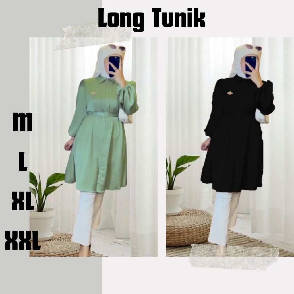 baju wanita Tunik Jumbo Wanita Ornamen Belt Gesper Lengan Panjang Dewasa Motif Polos Kekinian