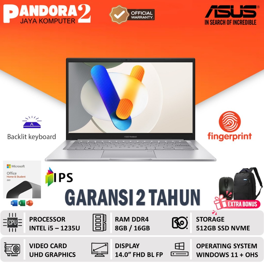 Laptop ASUS core i5 RAM 16GB SSD 512GB 14" FHD IPS Windows 11 Baru Original A1404ZA