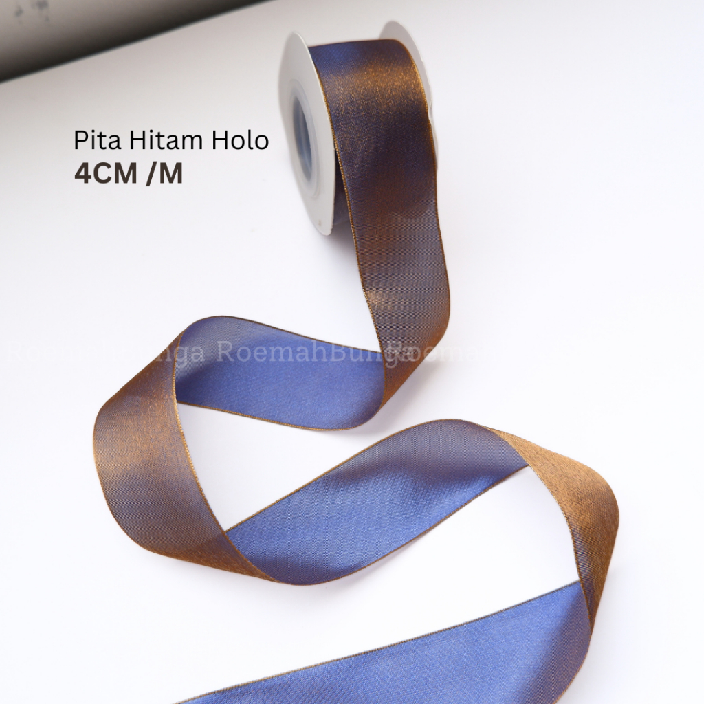 

[METER] Pita Hologram Hitam Biru 4 cm - Pita buket Pita Bunga Ribbon RB028