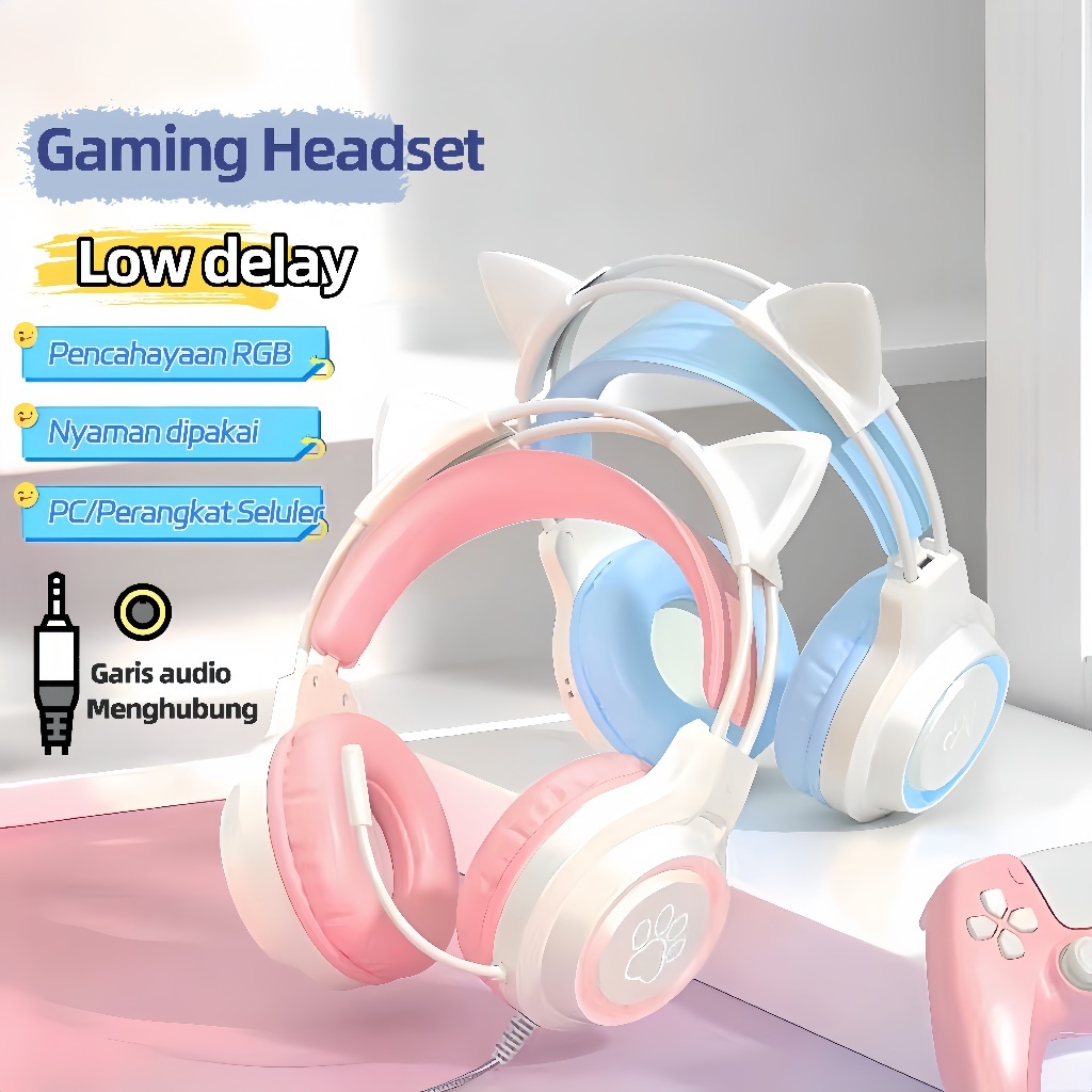 Yulozea Headset Gaming Cat Ears Gaming Headphone RGB 7.1 Pink Headphones Anak Perempuan Warna Deskto