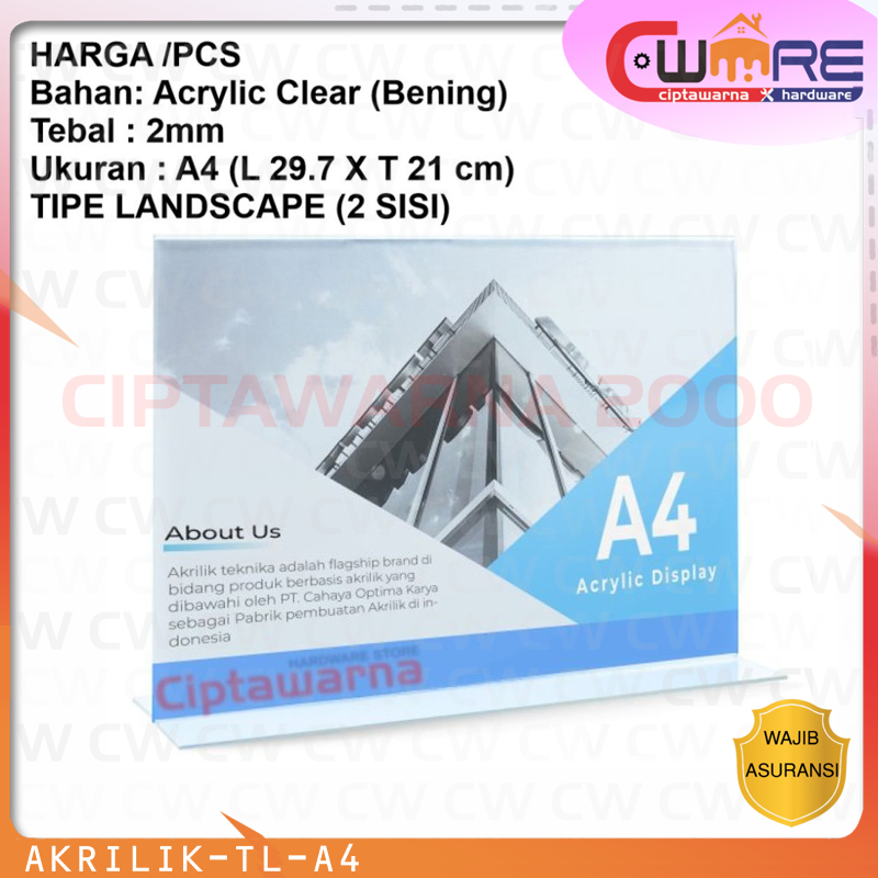 

Tempat Brosur Tent Holder Akrilik Display Landscape A4 2 Sisi