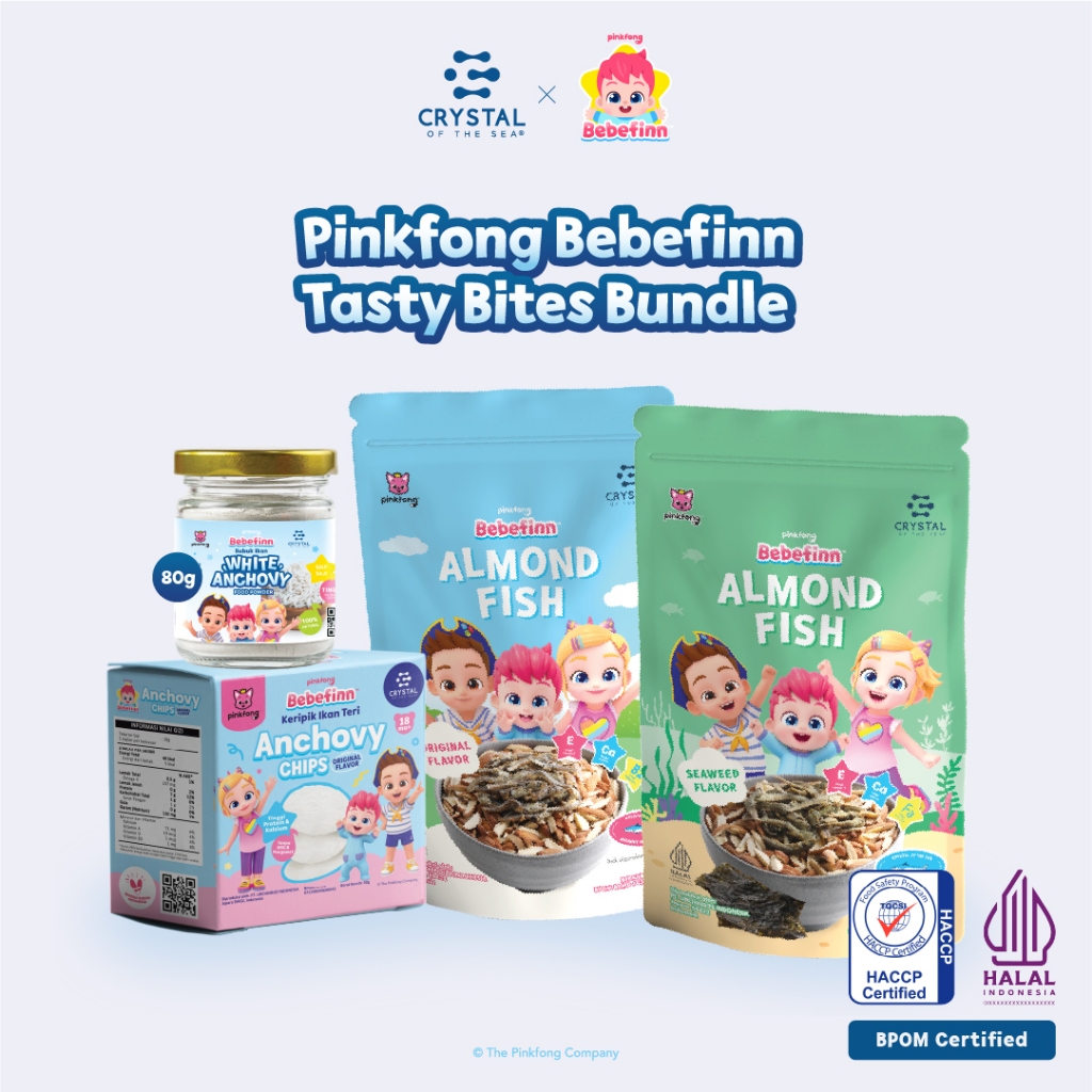 

Pinkfong Bebefinn Tasty Bites Bundle | White Anchovy 80gr + Anchovy Chips + Almond Fish Snack Ori + Almond Fish Seaweed