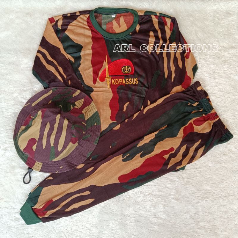setelan kaos anak loreng kopassus lengan panjang plus topi rimba kids army