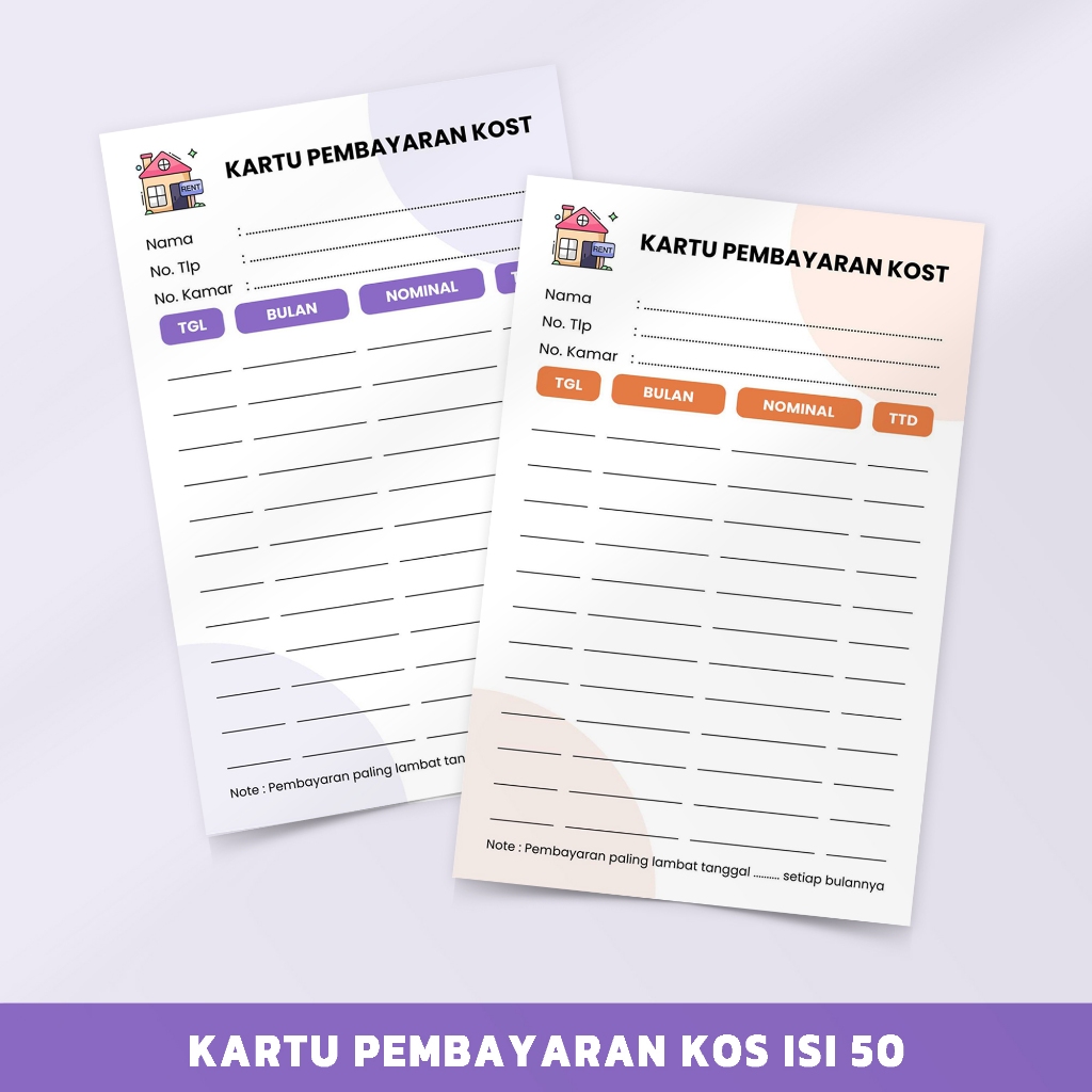 

( ISI 50 LEMBAR ) KERTAS KARTU PEMBAYARAN KOST / KOS BULANAN