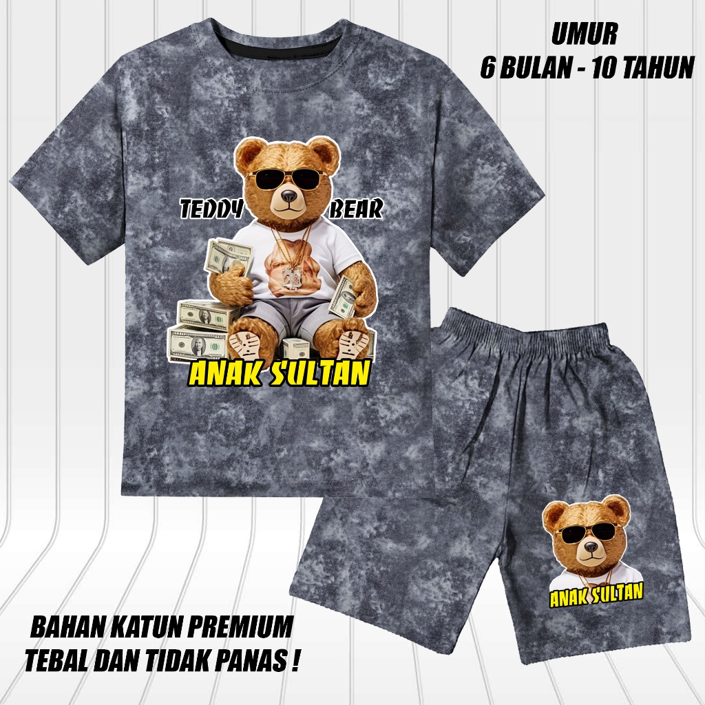 setelan denim jeans printing lengan pendek anak laki laki perempuan set baju anak beruang anak sulta
