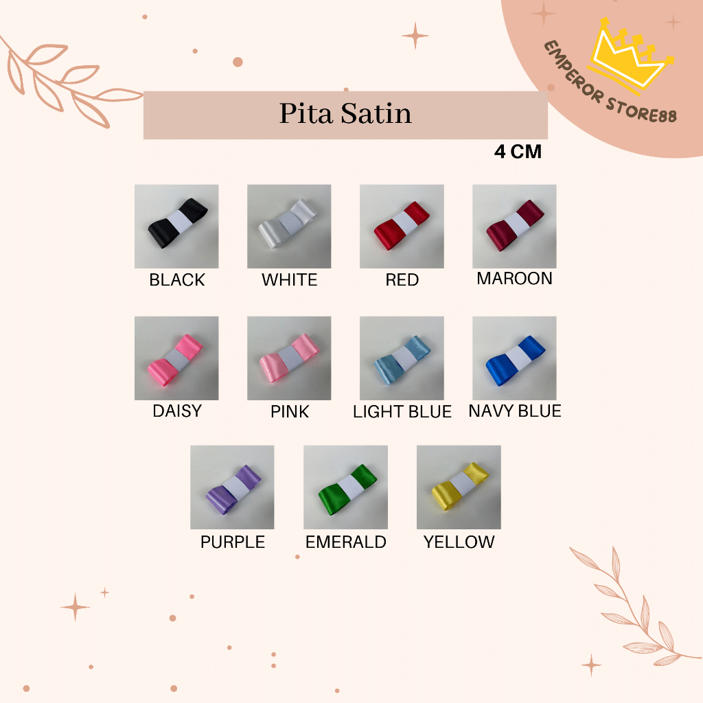 

Pita Satin Lebar 4CM (Ecer Per Meter) / Pita Kado Buket Bunga Hamper Gift Ribbon