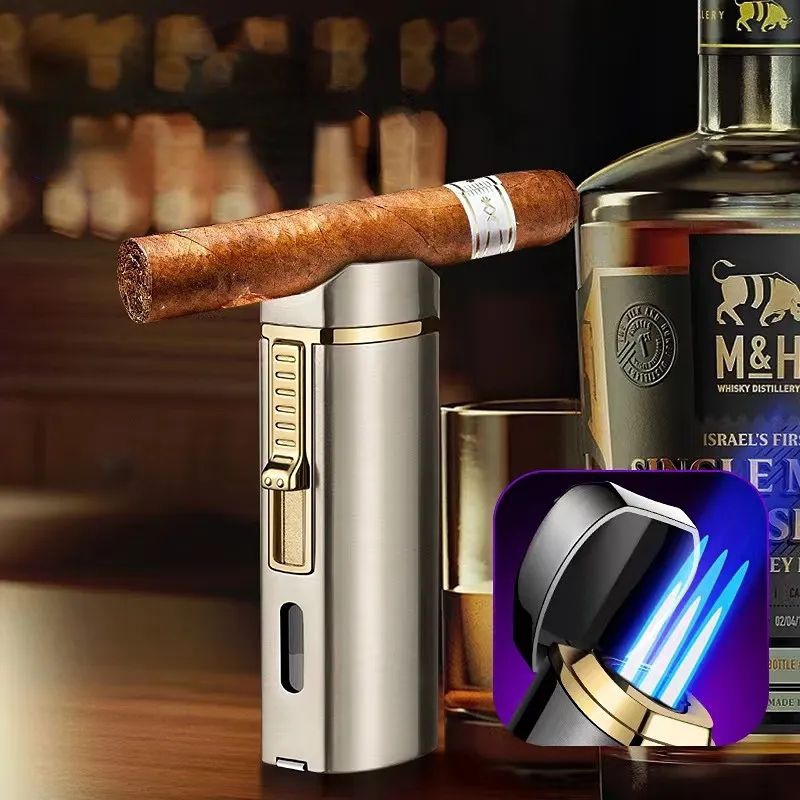 Metal Cigar Lighter Metal Windrproof 3 Jet Torch Blue Flame Refillable Gas Butane Cigar Lighter Acce