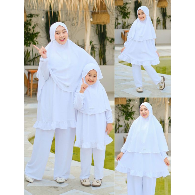 Baju One Set Setelan Celana Atasan Tunik Wanita Putih Polos Couple Ibu Dan Anak Perempuan Set Hijab