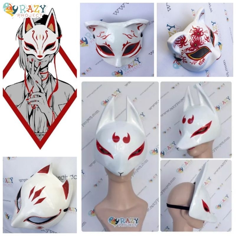 Kitsune Fox Rubah Half Face Setengah Wajah Mask Topeng Kayu Cosplay Anime Jepang