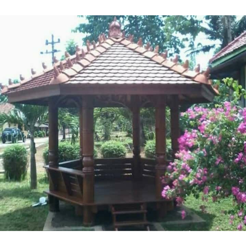 Gazebo Model Segi 6 Tiang Motif Atap Genteng Ukuran 3x3 Meter Kayu Kelapa