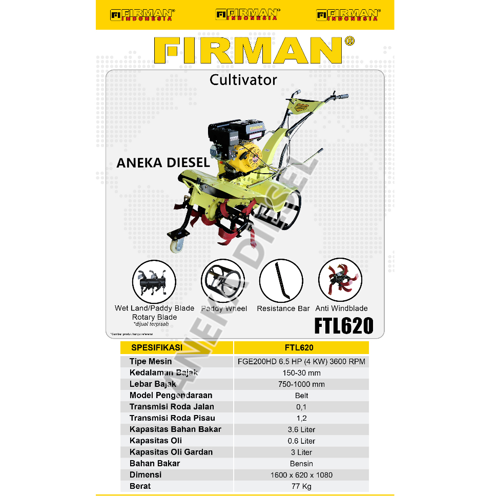 Mesin Bajak Sawah Traktor Bensin FIRMAN FTL 620 FIRMAN Engine FGE 200HD / FGE 220HD Cultivator Tille