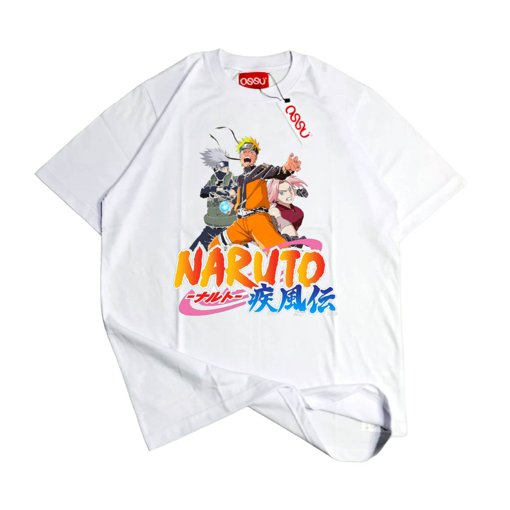 Ossu T-shirt Anime Naruto Black Washed Sand Washing Grey White Tee