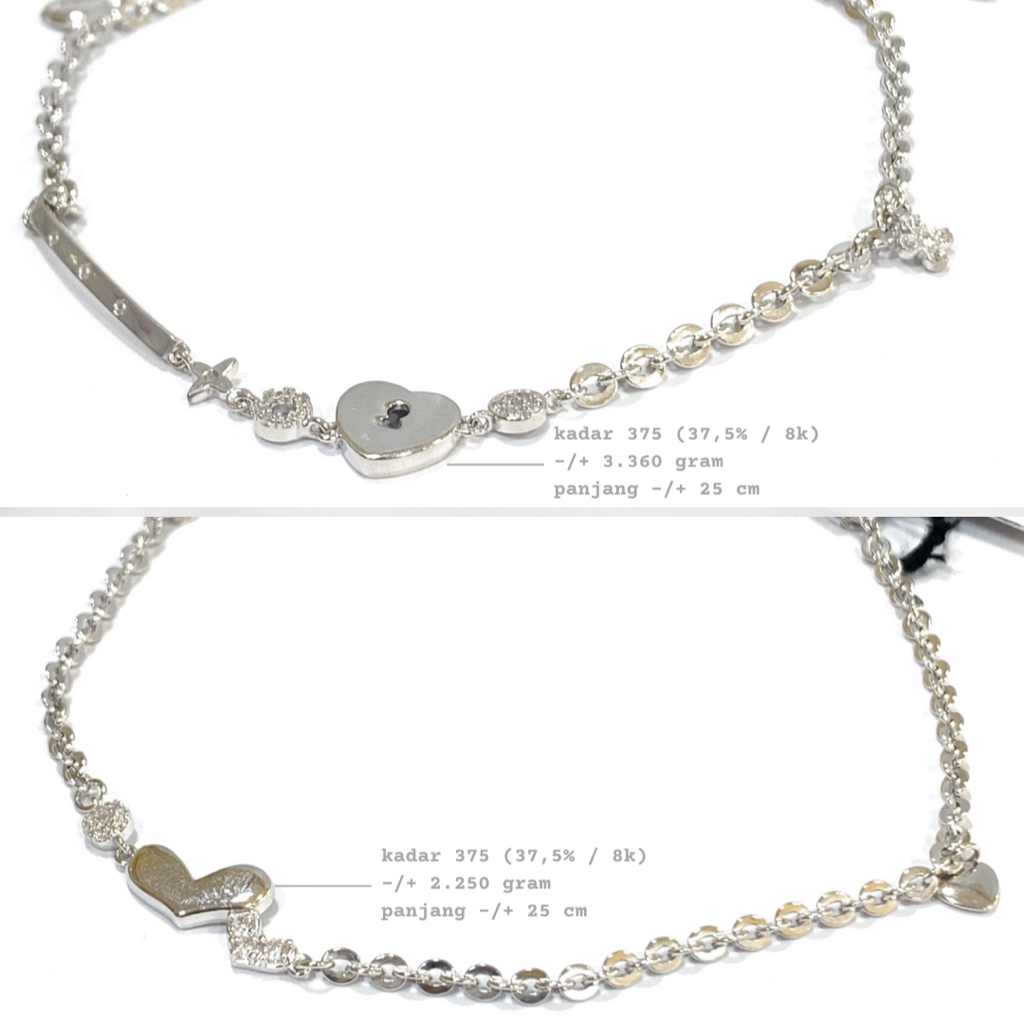 Toko Emas Amiin Gelang Kaki Emas Putih Asli Kadar 375 (37,5% / 8K) - Rantai Nori Variasi Love Gembok