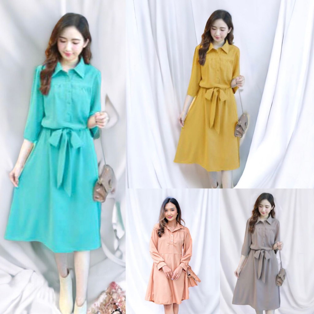 Midi Dress Korea Lengan Panjang Dres Casual Wanita Korean Style Polos Baju Kondangan Gadis Remaja De