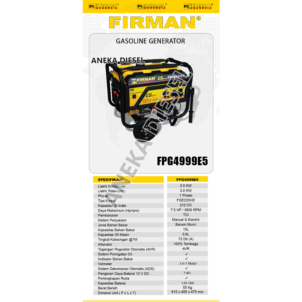 Mesin Genset 3500W FIRMAN FPG 4999E5 Gasoline Generator 3500W FPG 4999E5 FIRMAN Pembangkit Listrik