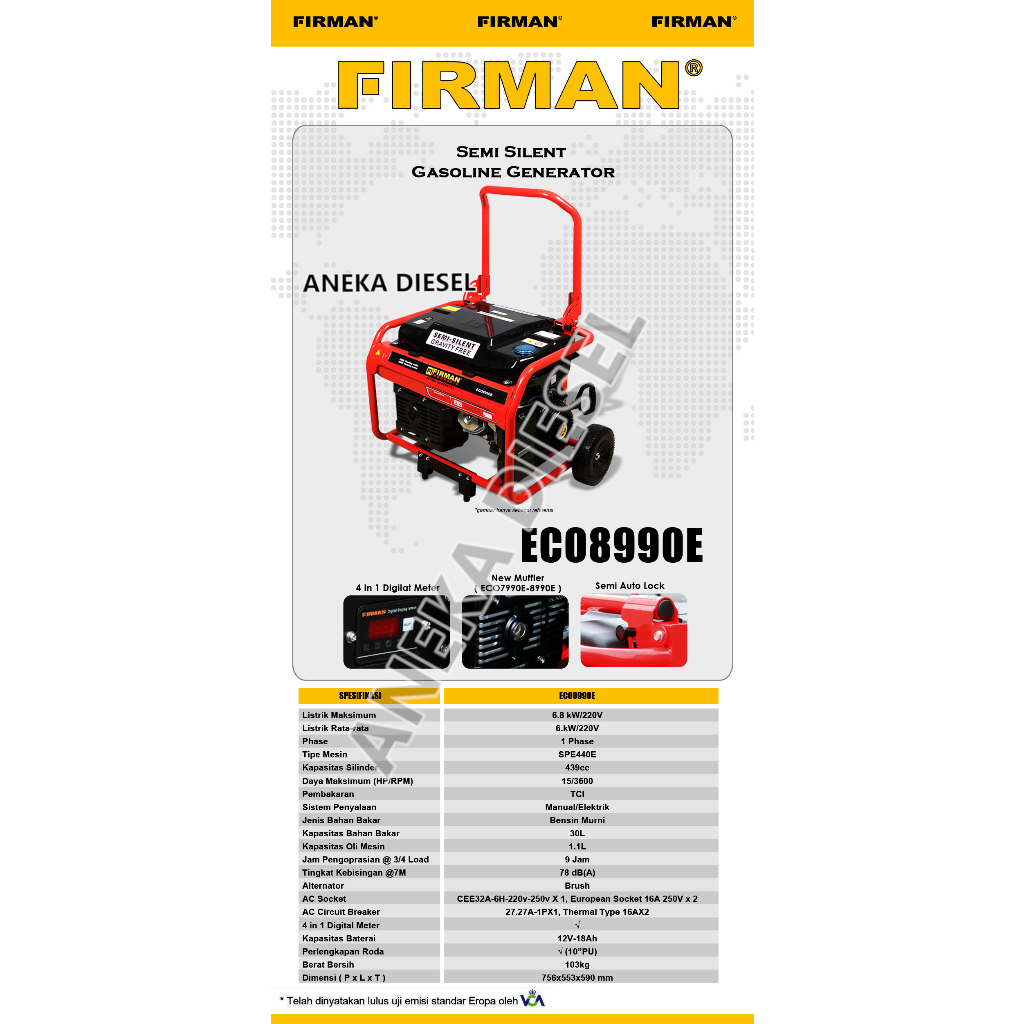 Mesin Genset 6800W FIRMAN ECO 8990E Gasoline Generator 6800W ECO 8990E FIRMAN Pembangkit Listrik