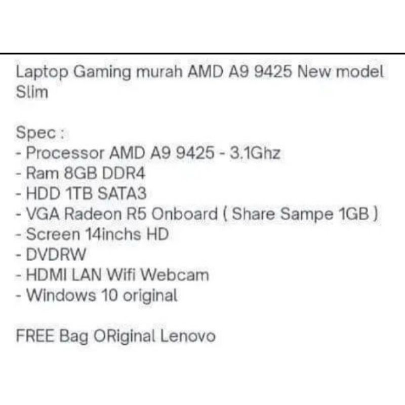 Laptop Lenovo Ideapad AMD A9 9425 Model Slim