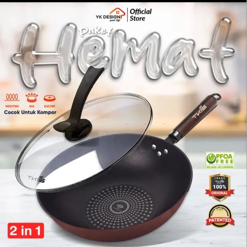 Wok Pan diamond 32cm/Wajan+tutup kaca/panci/Penggorengan anti lengket /Wajan Batu Medis, Merek TKIS