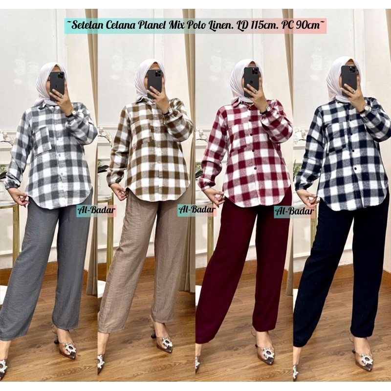 Setcel flanel celana polo line/ setcel kemeja