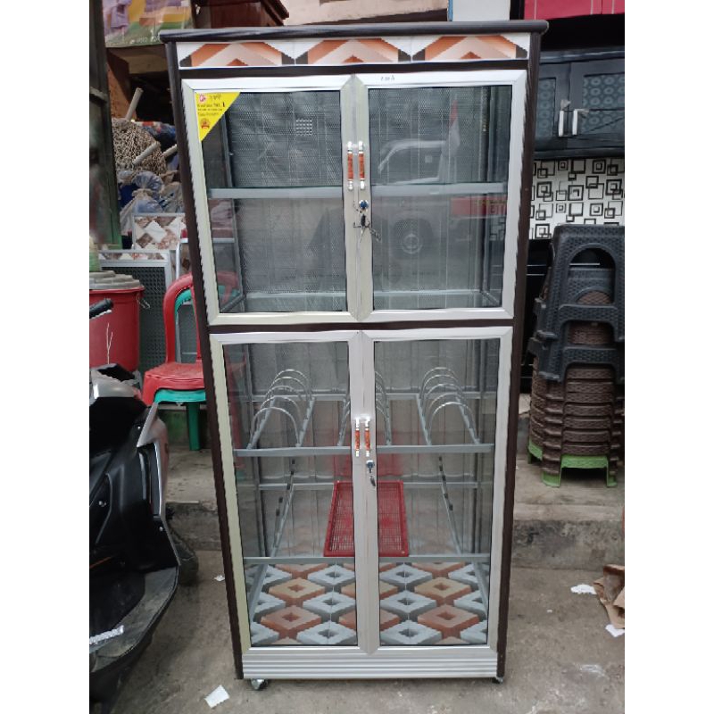 rak piring lemari piring dapur kunci pintu 2 full box kaca 3ngsel piano roda tiang holo besar bulat 