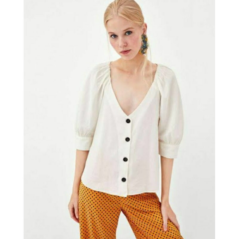 ZARA ATASAN CROP TOP LINEN BLOUSE WHITE PUFF SLEEVE KOREA ORIGINAL