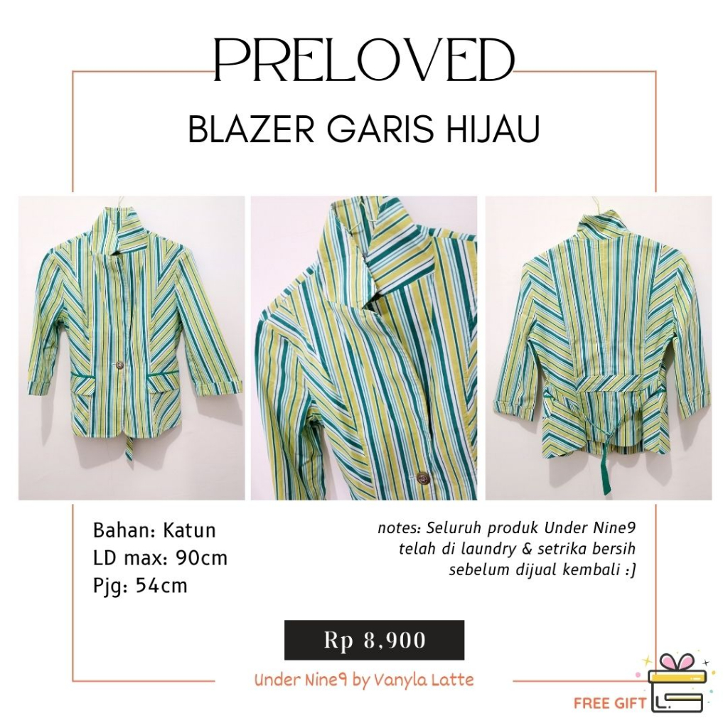SALE Preloved - BLAZER Katun Slimfit Garis Warna Hijau Untuk Dewasa Ke Kantor/Kuliah Hijab/Non Hijab