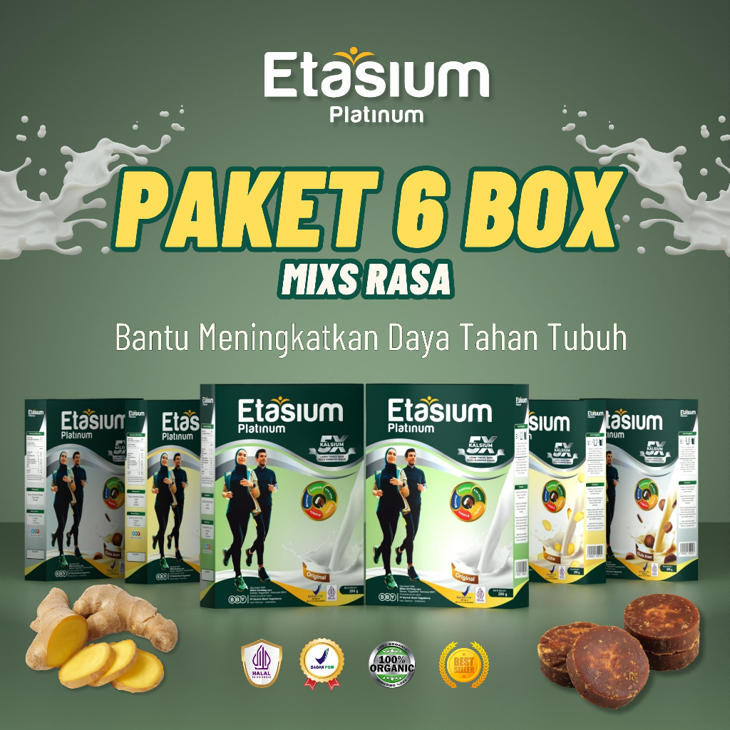 

[6 BOX] Etasium Platinum Minuman Susu Kambing Etawa Mix Rasa (Gula Aren, Jahe, Original) Bubuk 200g Bahan Alami tanpa pemanis gula buatan Bermanfaat Meringankan Asam Urat dan Osteoporosis, Sesak Nafas Rasa Enak tidak bau prengus