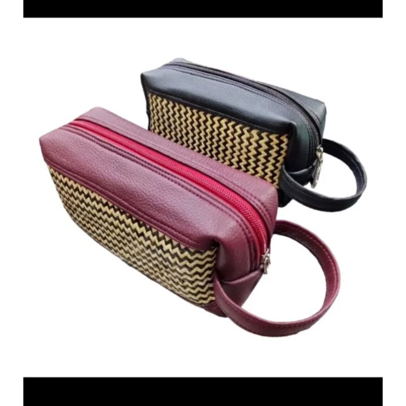 Pouch bag_Tas tangan kulit kombinasi rotan_Pouch bag  kerajinan