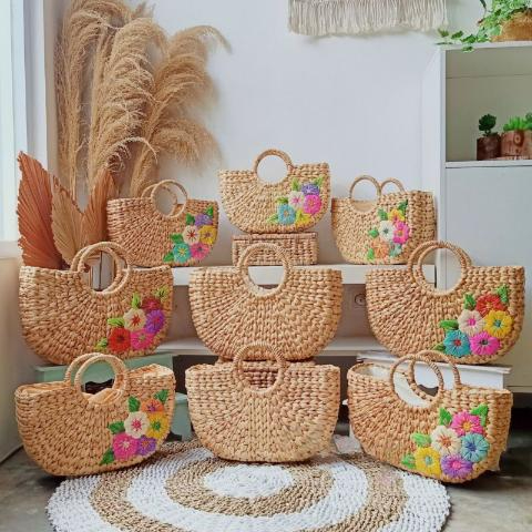Tas KIKAN Anyaman Enceng Gondok sulam Jogja handbag eceng kerajinan tangan murah