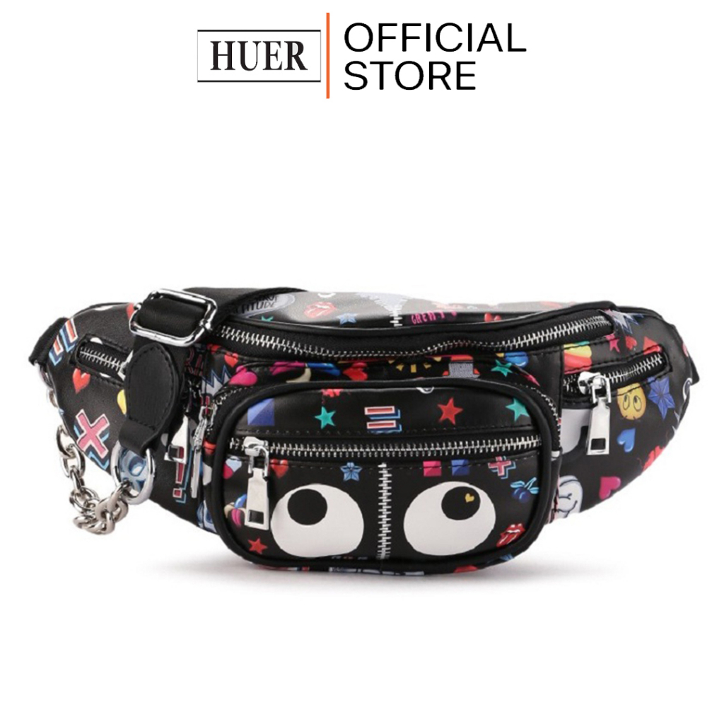 HUER ~ Tas Wanita Rewhy Eye Theme Printed Waist Bag 9454-044Black