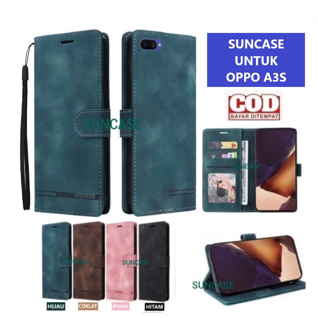 Casing OPPO A3S model flip buka tutup case kulit ada tempat foto dan kartu juga tali hp flip cover