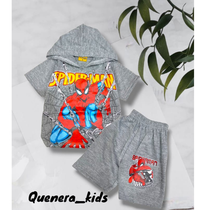 Baju setelan anak laki laki usia 0-10tahun dengan motif desain bergambar spiderman dan bertopi/sebo