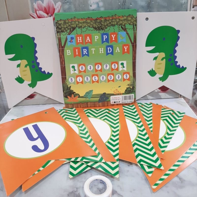 Banner Happy Birthday Motif Dino / Banner Ulang Tahun Motif Dino