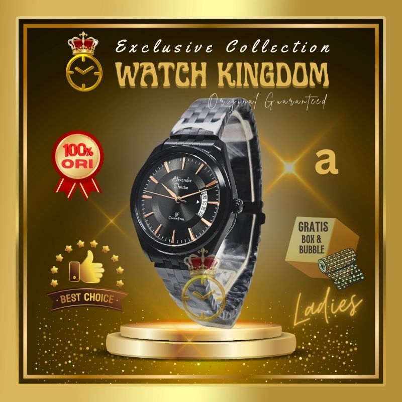 JamTangan Wanita Alexander Christie Full Black Tali Rantai Stainless Tanggal Calendar Date Water Res