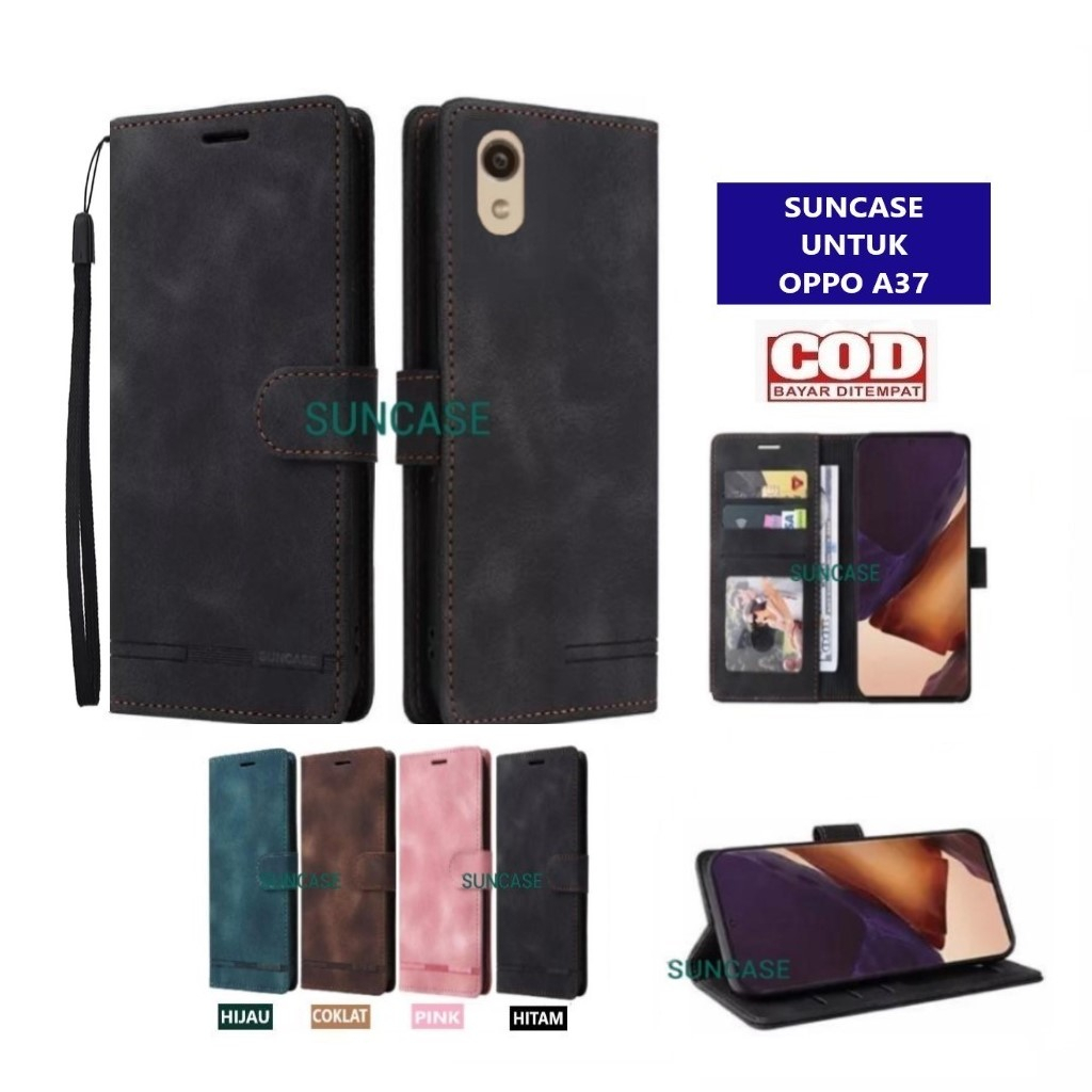 Casing OPPO A37 model flip buka tutup case kulit ada tempat foto dan kartu juga tali hp flip cover