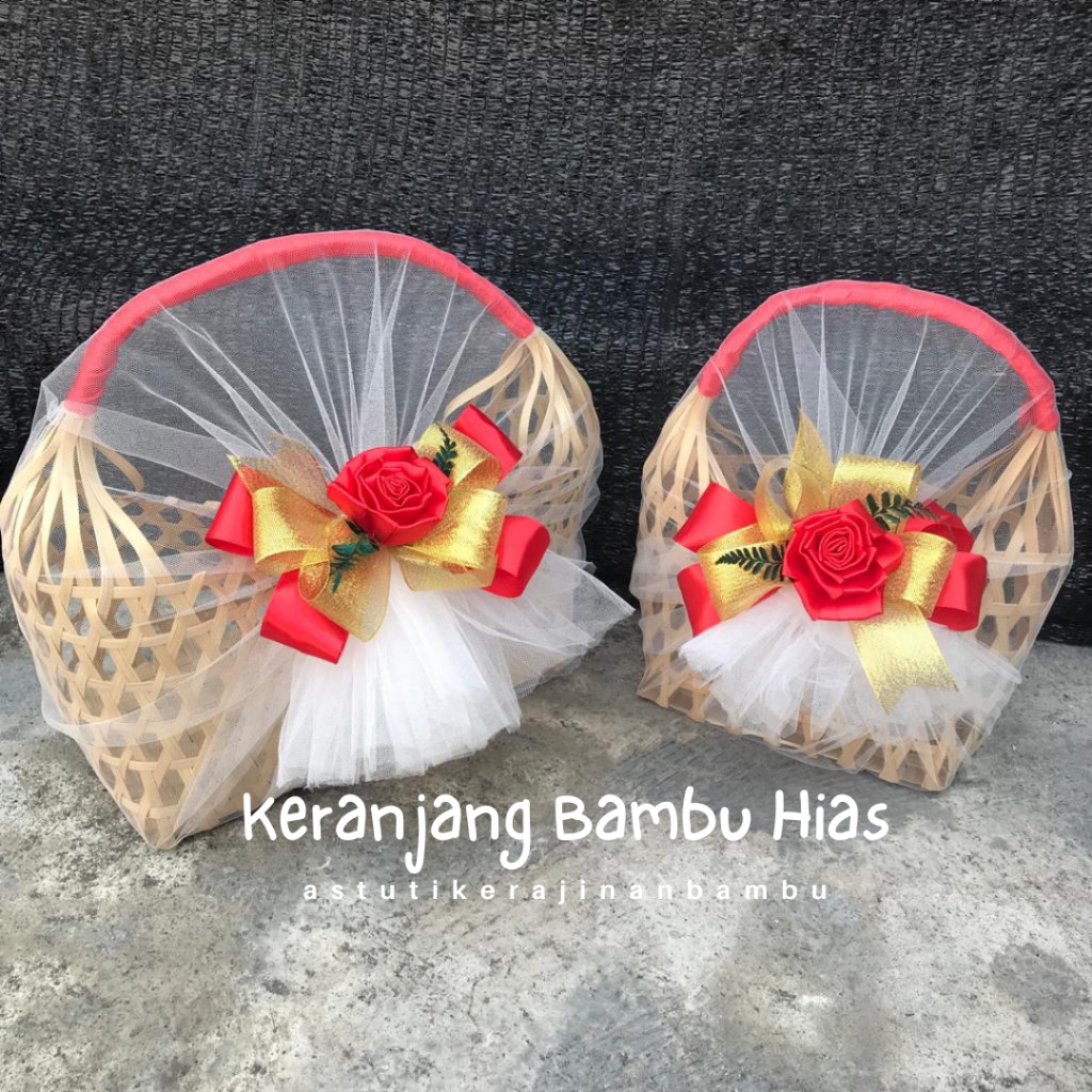 Tas Belanja Bambu Hias Kain Tille dan PitaTas Bambu Keranjang Bambu Tas Bambu Unik Keranjang Bambu